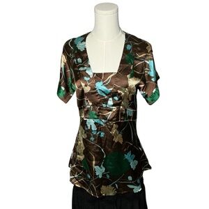 Tramp Brown Blue Floral Satin V-Neck Blouse Size Small
